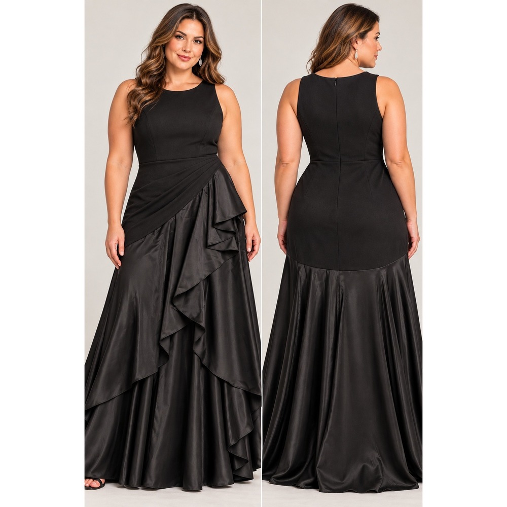 Betsy & Adam Womens 18W Black Crepe Satin Ruffle High-Low Evening Gown A27305Y